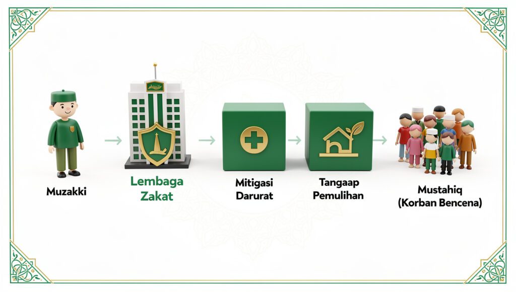 Infografis siklus penyaluranzakat untuk bencana alam, mitigasi, tanggap darurat, dan pemulihan bencana.