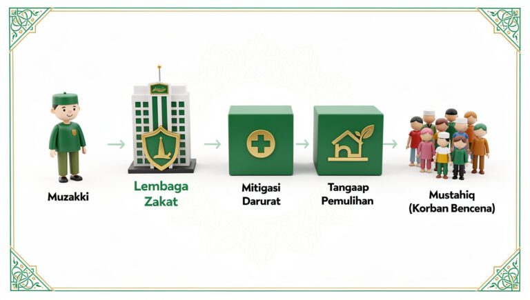 Infografis siklus penyaluranzakat untuk bencana alam, mitigasi, tanggap darurat, dan pemulihan bencana.