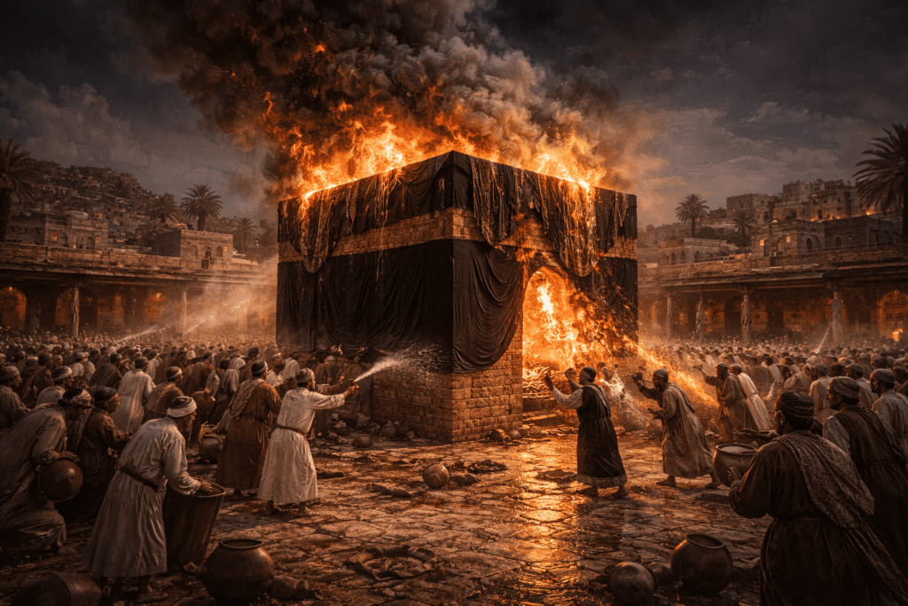 Ilustrasi kebakaran Ka'bah tahun 683 M dalam sejarah kota suci Islam