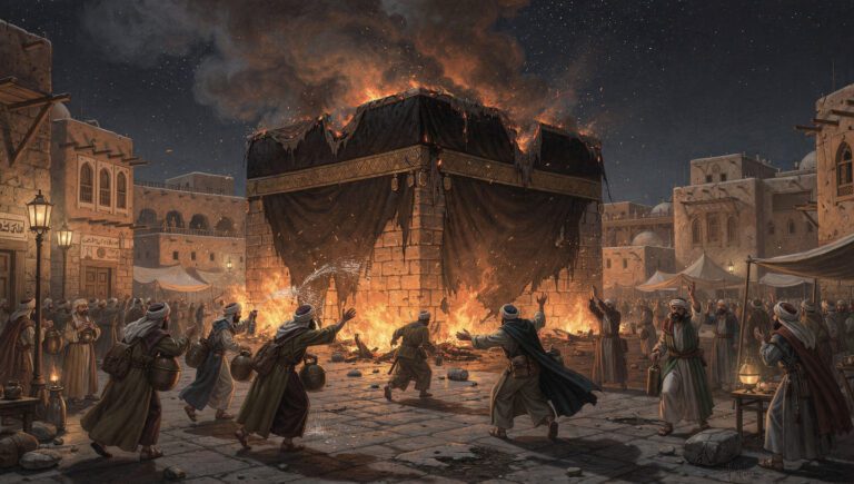 Ilustrasi kebakaran Ka'bah tahun 683 M dalam sejarah kota suci Islam