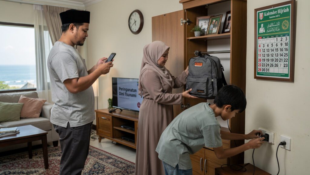 Keluarga muslim melakukan respons tenang dan terkoordinasi saat menerima notifikasi peringatan dini bencana 
tsunami di smartphone.