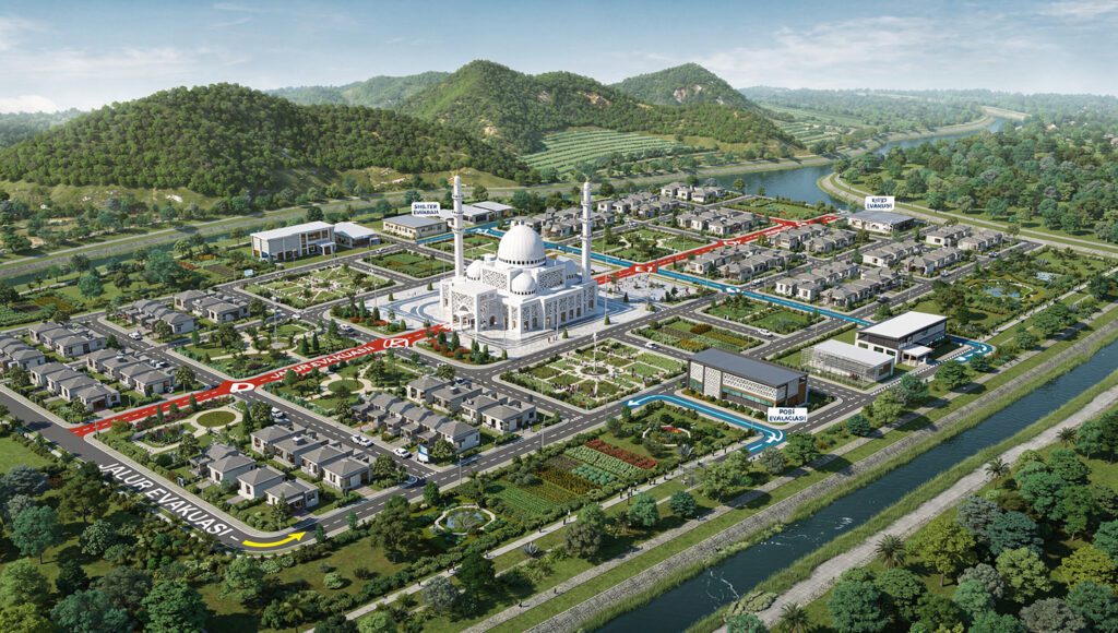 Visualisasi 3D konsep Kota Madani Tangguh Bencana dengan masjid sebagai pusat, ruang hijau, dan infrastruktur mitigasi bencana.