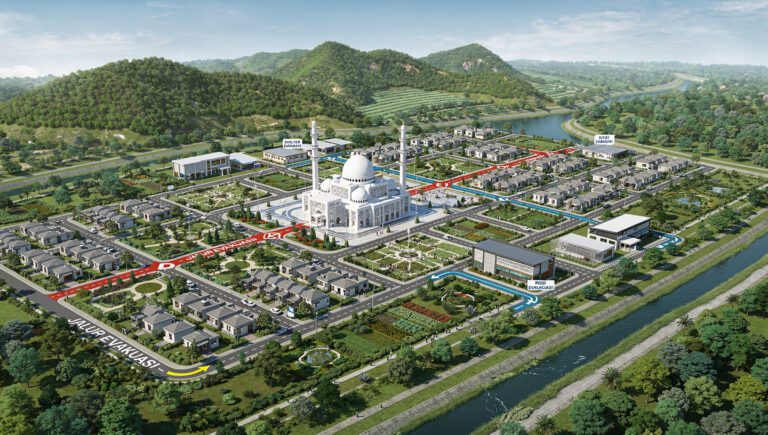 Visualisasi 3D konsep Kota Madani Tangguh Bencana dengan masjid sebagai pusat, ruang hijau, dan infrastruktur mitigasi bencana.