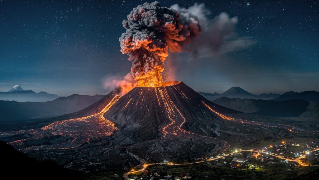 Letusan Gunung Merapi di malam hari, menunjukkan kekuatan vulkanik Nusantara sebagai tanda kebesaran Allah