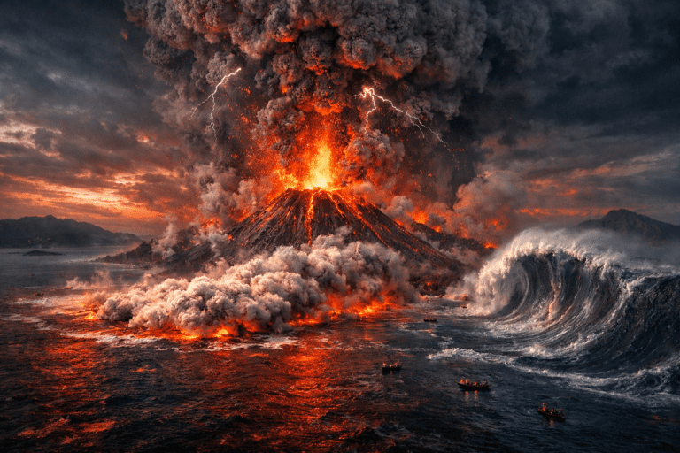 Visualisasi epik letusan Gunung Krakatau tahun 1883, bencana vulkanik global yang mengguncang dunia