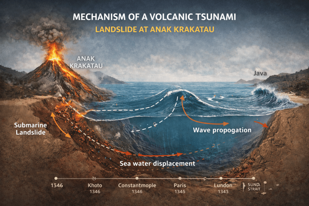 Diagram mekanisme tsunami volkanik akibat longsoran Gunung Anak Krakatau di Selat Sunda