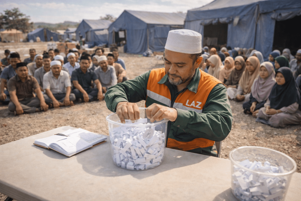 Seorang amil melakukan metode Qur'ah (undi) untuk menentukan penerima bantuan saat jumlah bantuan terbatas di hadapan masyarakat pengungsi.