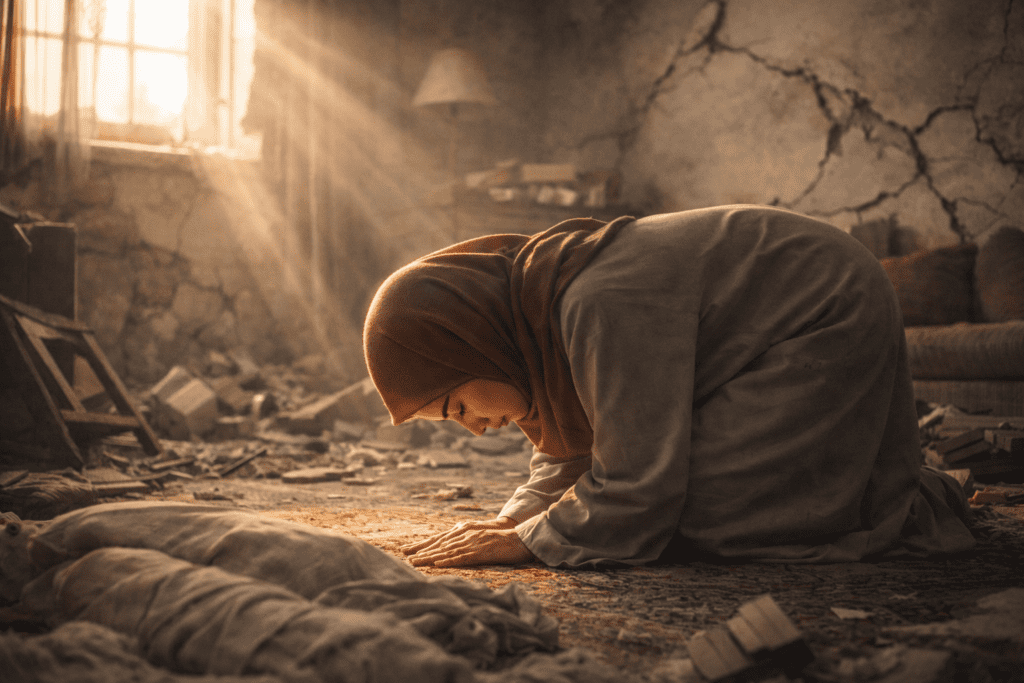 Gempa Bumi dalam islam, Seorang muslimah tetap khusyuk sujud saat gempa bumi, menggambarkan ketenangan iman dalam menghadapi bencana