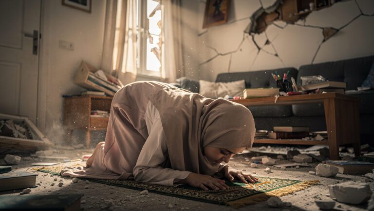 Seorang muslimah tetap khusyuk sujud saat gempa bumi, menggambarkan ketenangan iman dalam menghadapi bencana