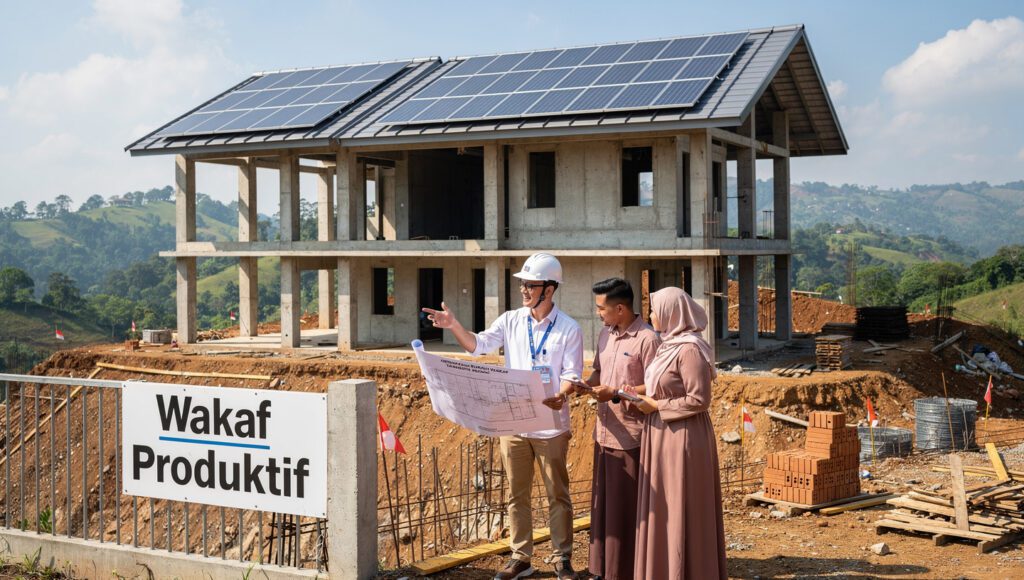 Insinyur menjelaskan pembangunan prototype rumahwakaf produktif untuk bencana kepada calon wakif di lahan yang akan diwakafkan.