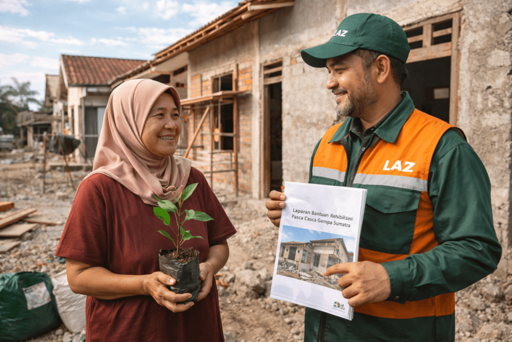 Relawan lembaga zakat menyerahkan bantuan zakat untuk pemulihan ekonomi (bibit tanaman) kepada korban bencana di lokasi rumah yang sedang direnovasi.