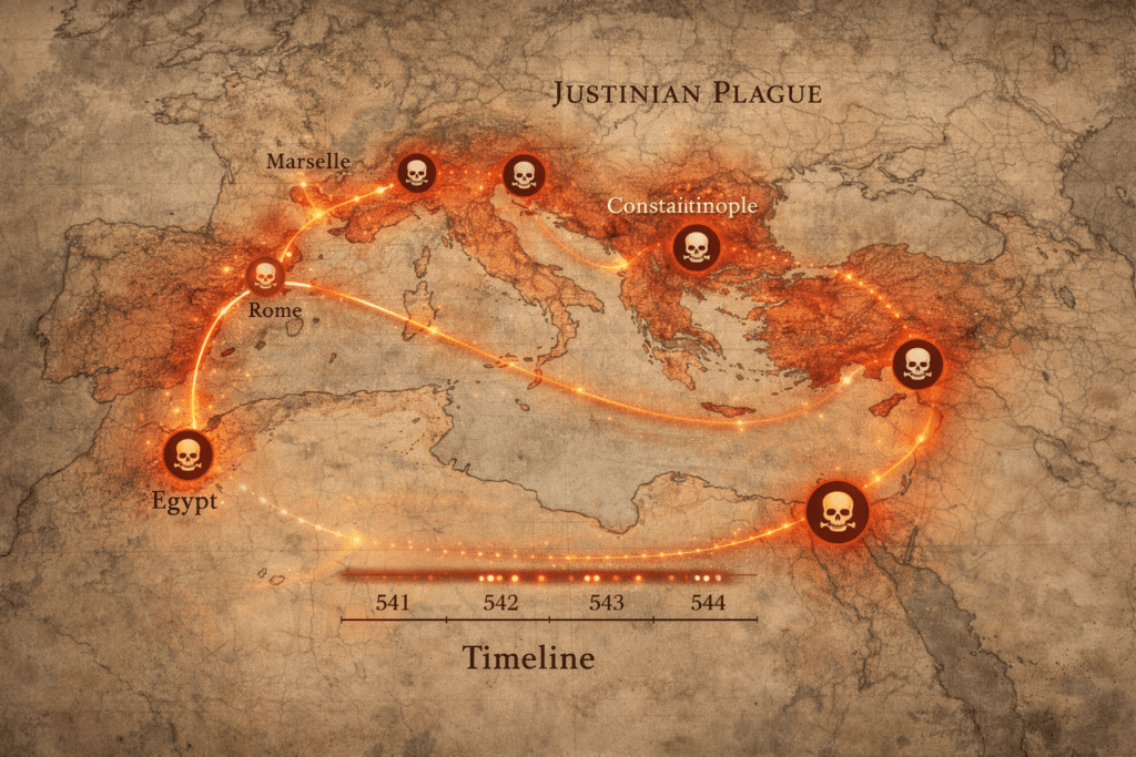 Peta penyebaran Wabak Justinian 541-542 M sebagai pandemi pertama dalam sejarah dunia