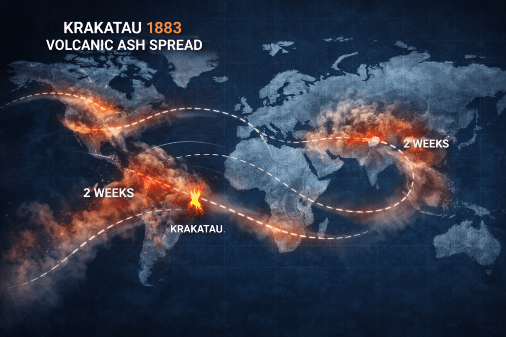 Peta penyebaran abu vulkanik Krakatau 1883 ke seluruh dunia, menunjukkan dampak global letusan