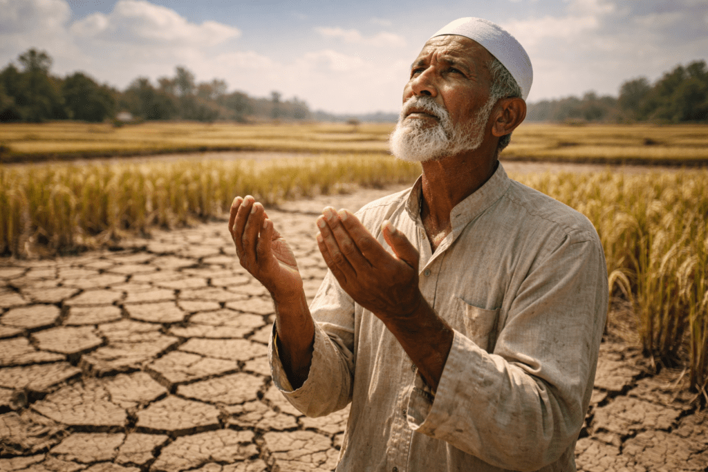 Petani muslim berdoa di sawah kering akibat kekeringan, menggambarkan ketergantungan kepada Allah
