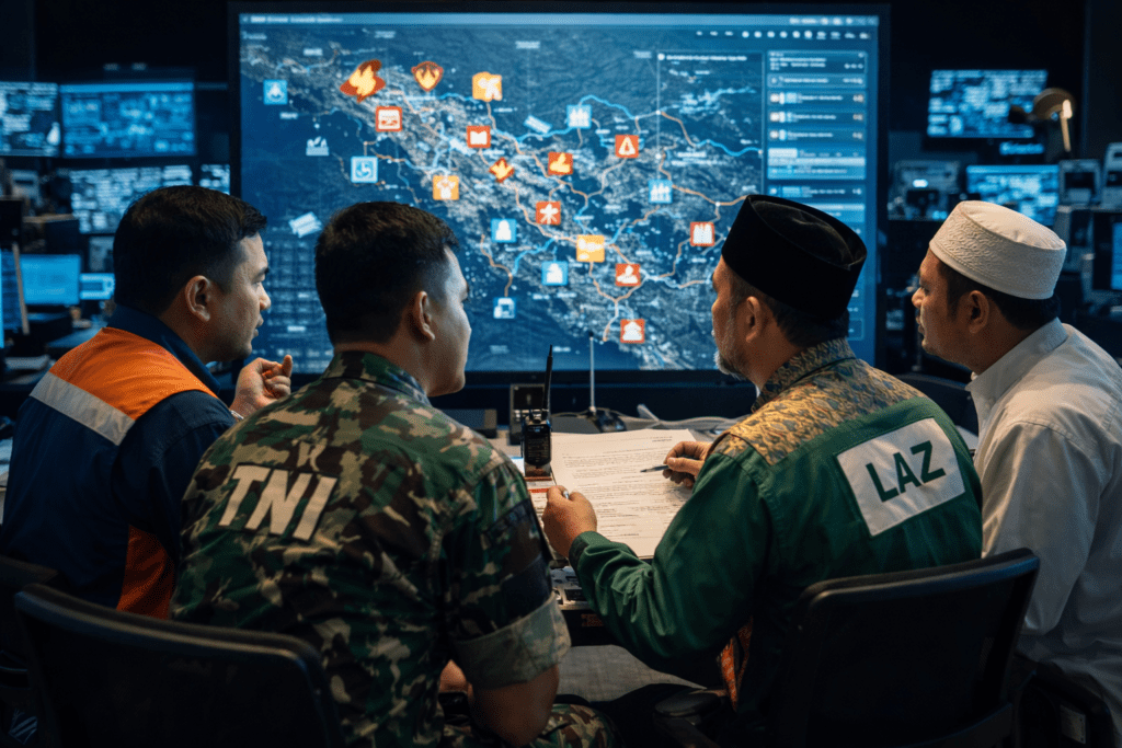 Kolaborasi Pemerintah dan Lembaga Islam : Relawan dari BNPB, NU, dan Muhammadiyah bekerja sama memindahkan bantuan di posko terpadu bencana.