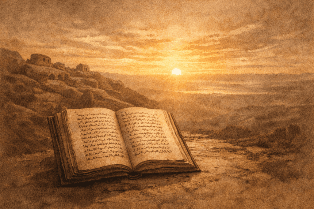 Ilustrasi refleksi pelajaran sejarah untuk pemikiran Islam kontemporer dengan buku terbuka dan cakrawala.