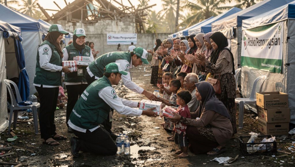 Relawan organisasi Islam menyalurkan bantuan untuk korban Tsunami Aceh 2004