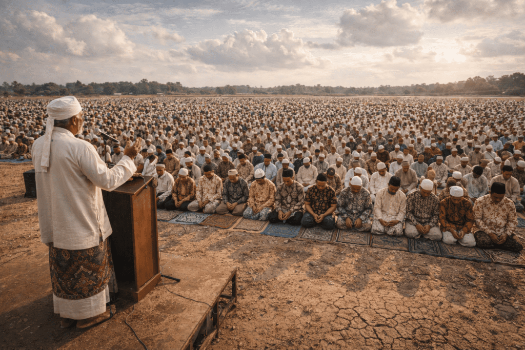 Jamaah muslim melaksanakan shalat istisqa untuk meminta hujan saat kekeringan