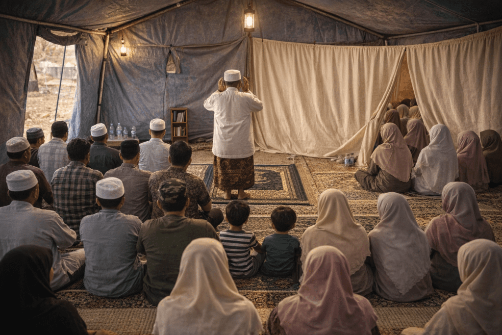 Aktivitas sholat berjamaah di dalam tenda musholla darurat posko pengungsian, dengan jamaah pria dan wanita terpisah