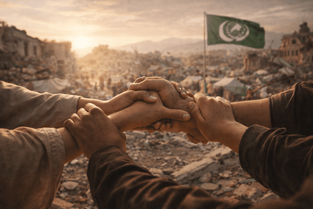 Solidaritas umat Islam saling berpegangan tangan membantu korban gempa bumi