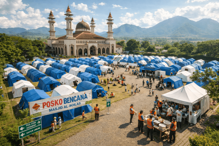 Pemandangan udara halaman masjid yang tertata rapi dipenuhi tenda pengungsian biru dan aktivitas relawan saat bencana.