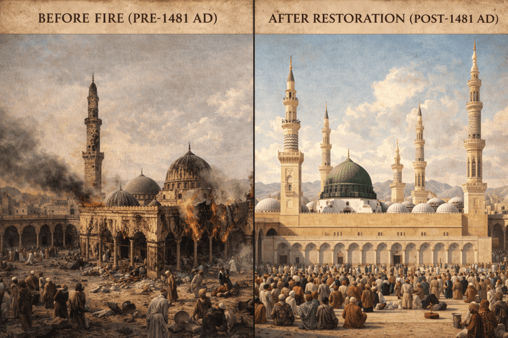 Perbandingan arsitektur Masjid Nabawi sebelum dan sesudah kebakaran tahun 1481 M