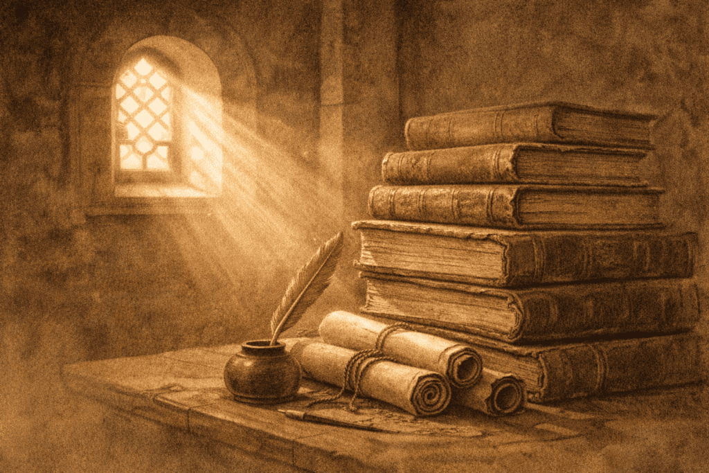 Ilustrasi transmisi pengetahuan lintas generasi dengan buku dan gulungan kuno.