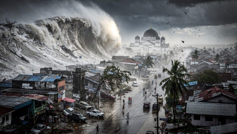 Gelombang tsunami raksasa menerjang Kota Banda Aceh pada 26 Desember 2004