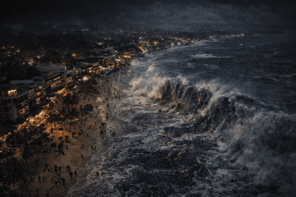 Ilustrasi tsunami menghantam pantai Anyer/Carita di malam hari dari perspektif udara tinggi, gelombang besar menabrak hotel dan restoran, orang-orang terlihat berlarian menyelamatkan diri.