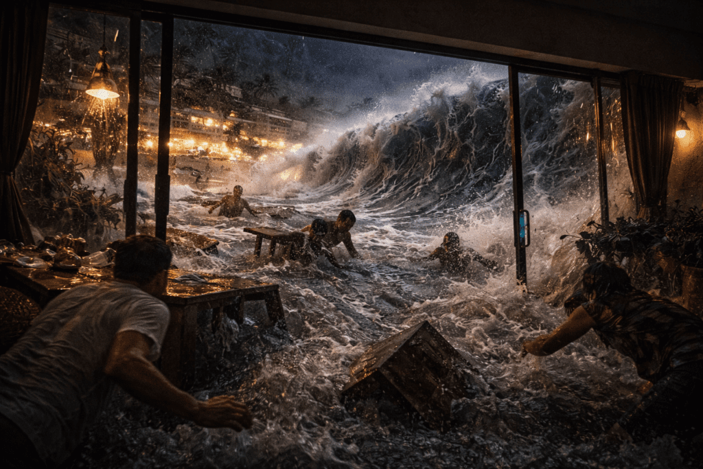 Ilustrasi tsunami menghantam hotel di pantai Anyer/Carita dilihat dari dalam, air menerjang masuk melalui jendela, furnitur dan orang terdorong oleh gelombang.