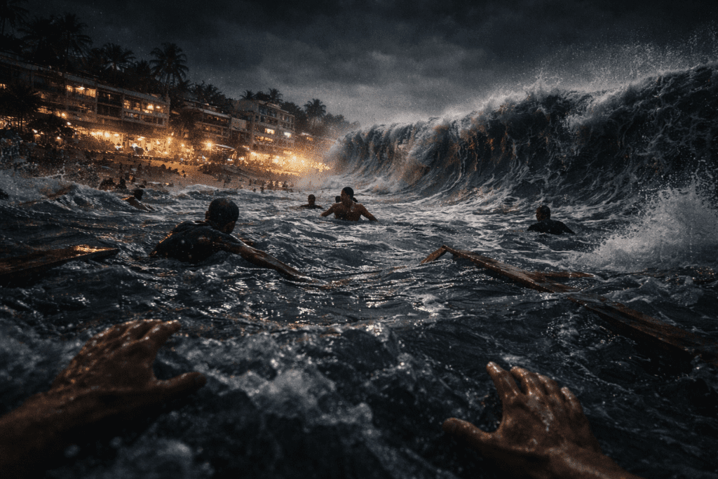 Ilustrasi tsunami di pantai Anyer/Carita dilihat dari permukaan air, gelombang besar menerjang, orang-orang berenang menyelamatkan diri.