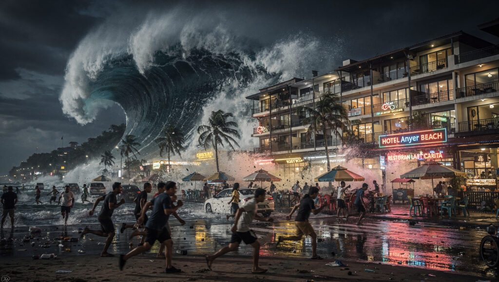 Visualisasi tsunami Selat Sunda 2018 menghantam kawasan pantai Anyer di malam hari