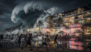 Visualisasi tsunami Selat Sunda 2018 menghantam kawasan pantai Anyer di malam hari