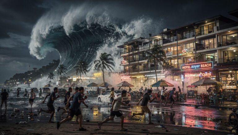 Visualisasi tsunami Selat Sunda 2018 menghantam kawasan pantai Anyer di malam hari