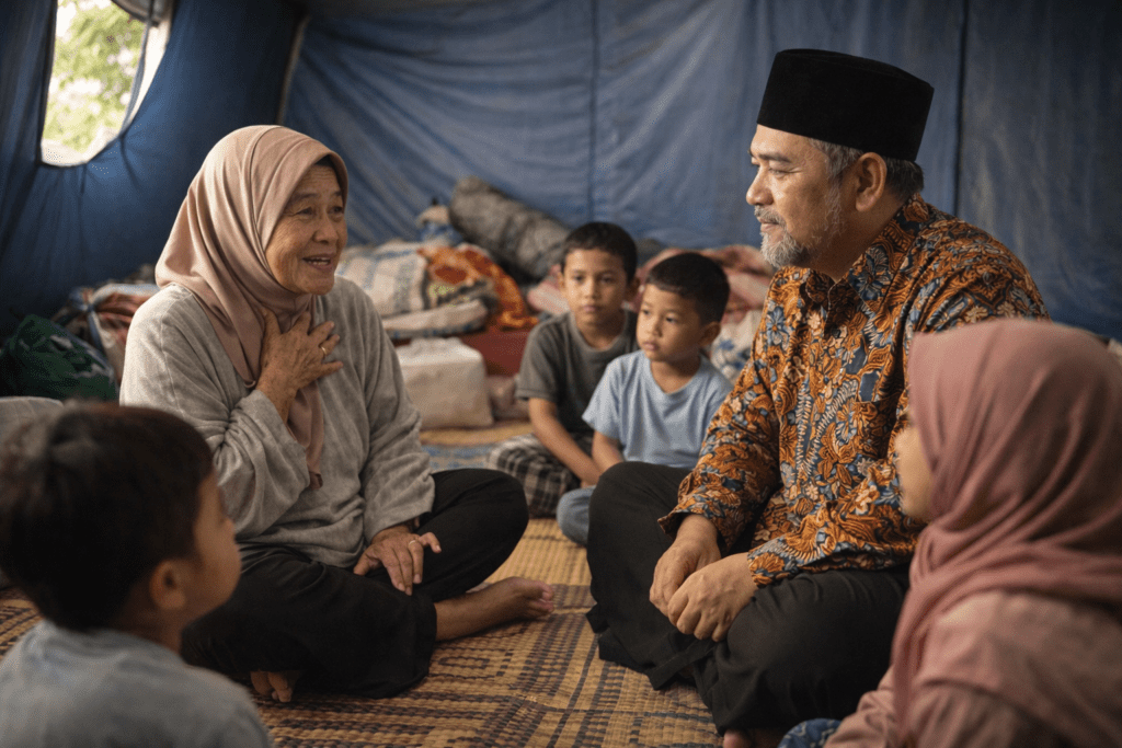 Peran ulama saat bencana, Seorang ulama memberikan pendampingan dan trauma healing dengan mendengarkan keluh kesah korban bencana di dalam tenda pengungsian.