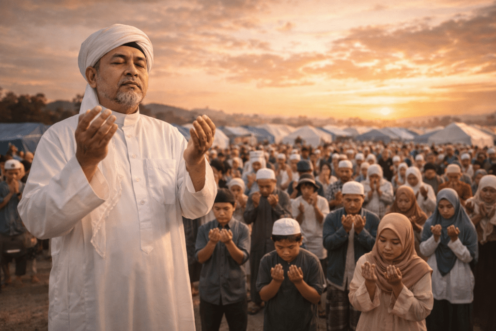 Seorang ulama memimpin doa bersama (istighotsa) di lapangan untuk keselamatan dan kekuatan korban bencana.