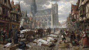 Ilustrasi suasana kota Eropa selama Wabak Hitam (Black Death) abad ke-14