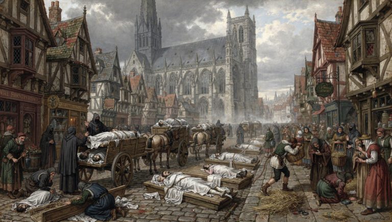 Ilustrasi suasana kota Eropa selama Wabak Hitam (Black Death) abad ke-14