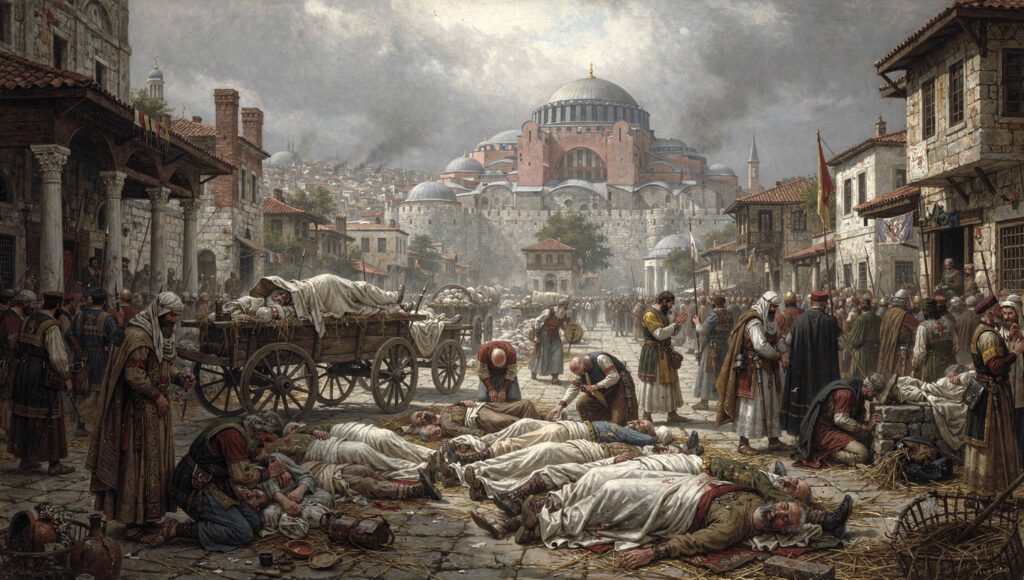 Visualisasi dampak Wabak Justinian di Konstantinopel tahun 541 M, pandemi pertama dalam sejarah