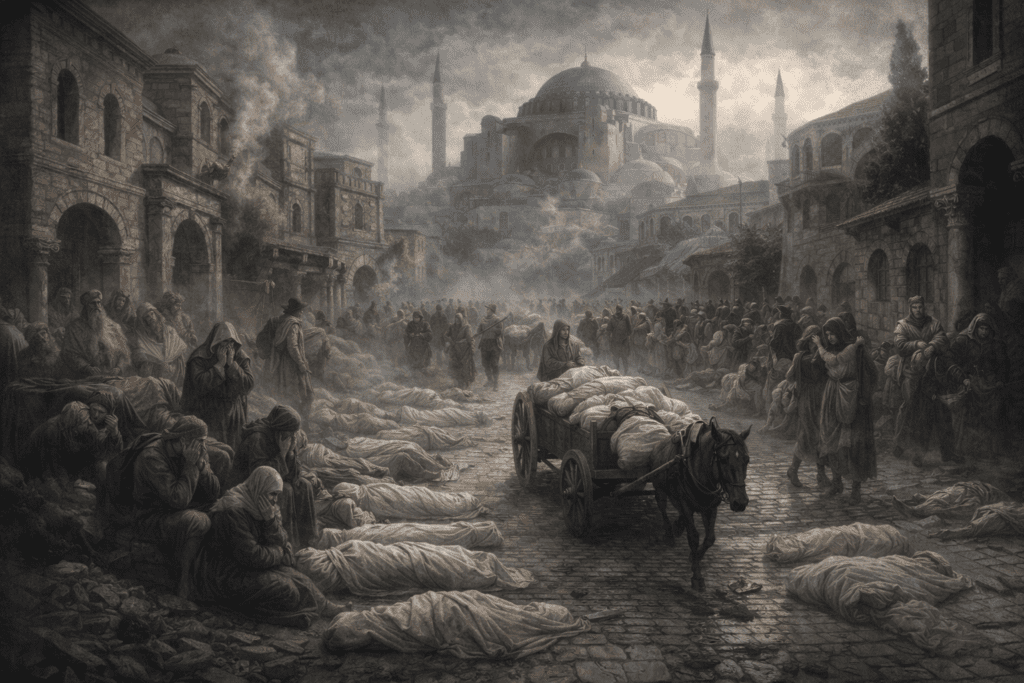 Visualisasi dampak Wabak Justinian di Konstantinopel tahun 541 M, pandemi pertama dalam sejarah