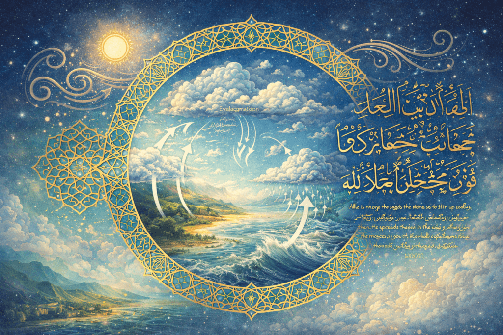 Ilustrasi konseptual yang menggabungkan sains dan elemen Islam dengan siklus air, awan, angin, kaligrafi ayat tentang cuaca, dan pola geometris Islam.