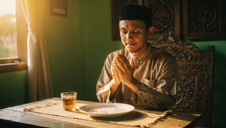 Ilustrasi muslim berdoa sesudah makan dengan penuh syukur — mengamalkan doa sesudah makan sesuai sunnah Rasulullah ﷺ sebagai penutup adab makan yang sempurna.