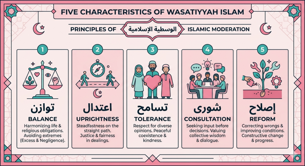 Infografis 5 ciri utama wasatiyyah Islam tawazun itidal tasamuh syura ishlah