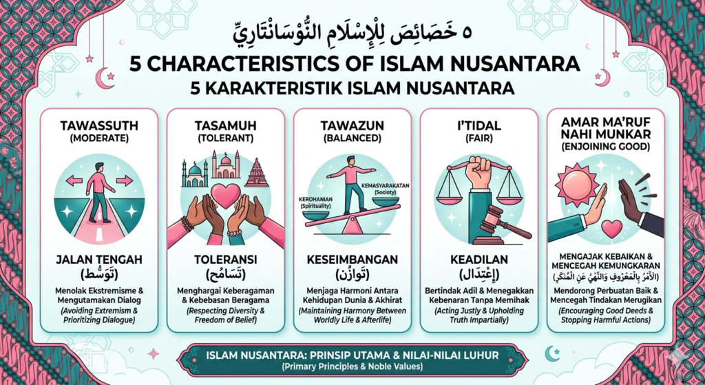 Infografis 5 karakteristik Islam Nusantara tawassuth tasamuh tawazun itidal amar maruf