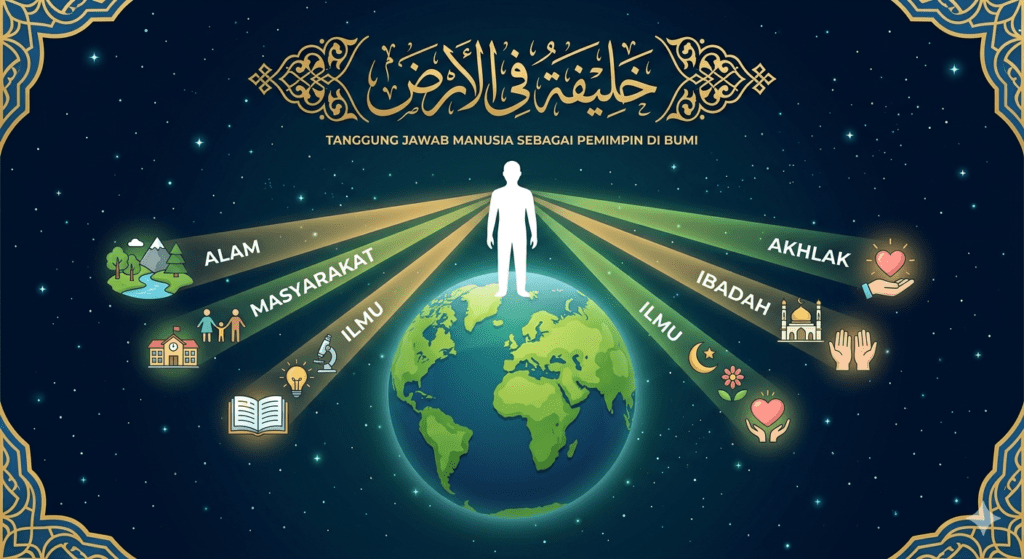 Infografis tanggung jawab khalifah di bumi beserta dalil Al-Qur'an dan dimensi ekologi sosial spiritual