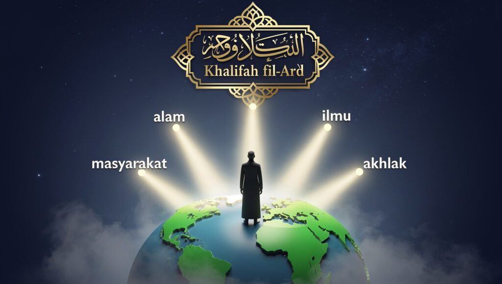 Infografis tanggung jawab khalifah di bumi beserta dalil Al-Qur'an dan dimensi ekologi sosial spiritual