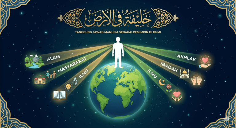 Infografis tanggung jawab khalifah di bumi beserta dalil Al-Qur'an dan dimensi ekologi sosial spiritual