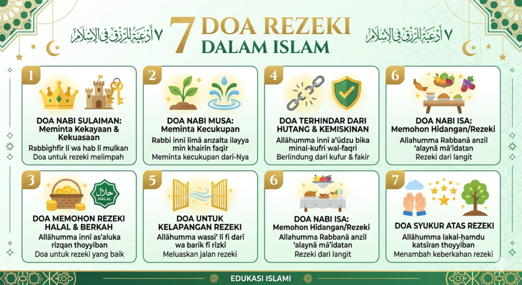 Infografis 7 doa memohon rezeki dalam Islam berdasarkan Al-Quran dan hadis