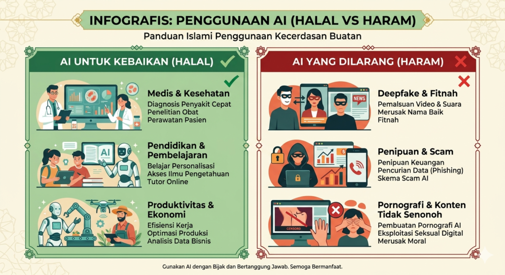Infografis Hukum AI dalam Islam, penggunaan AI yang halal dan yang dilarang dalam Islam