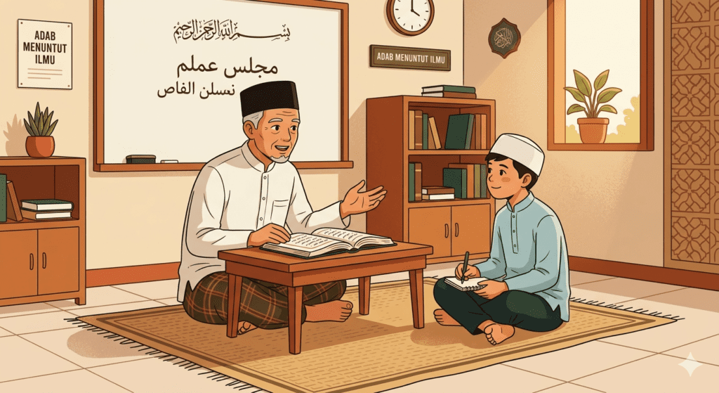Ilustrasi etika murid dalam Islam mendengarkan guru dengan hormat sesuai adab belajar islami